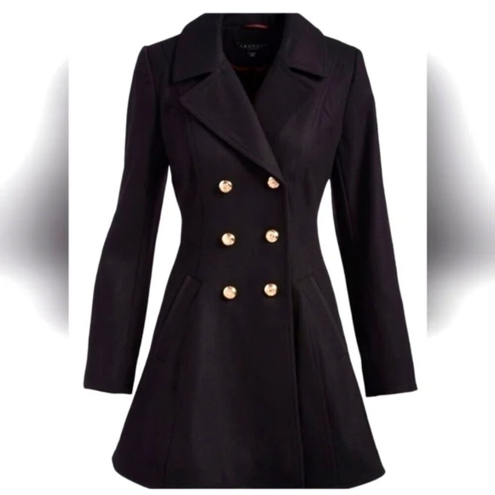 Laundry by Shelli Segal Double Breasted Wool Blend Skirted Peacoat, Black, XL